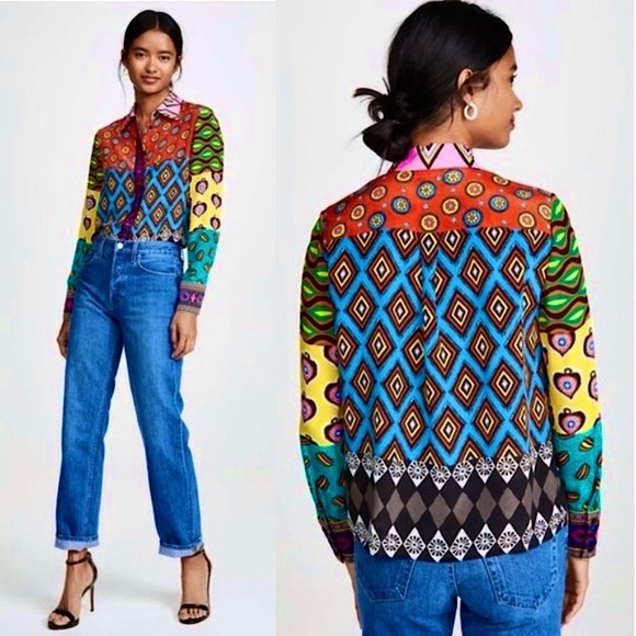 ALICE OLIVIA Silk Colorblock Patchwork Print Long Sleeve Embroidered Trim Top XS - Picture 3 of 12